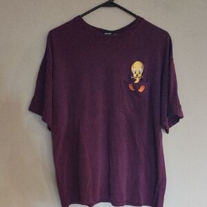 Warner Bros.Mens Large Tweetie Bird Embroidered Deep Purple Short Sleeve T-Shirt